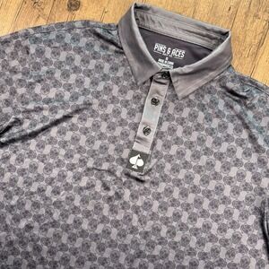 Pins Aces Polo Shirt Mens XL Black Skull Mustache AOP Golf Performance Abstact